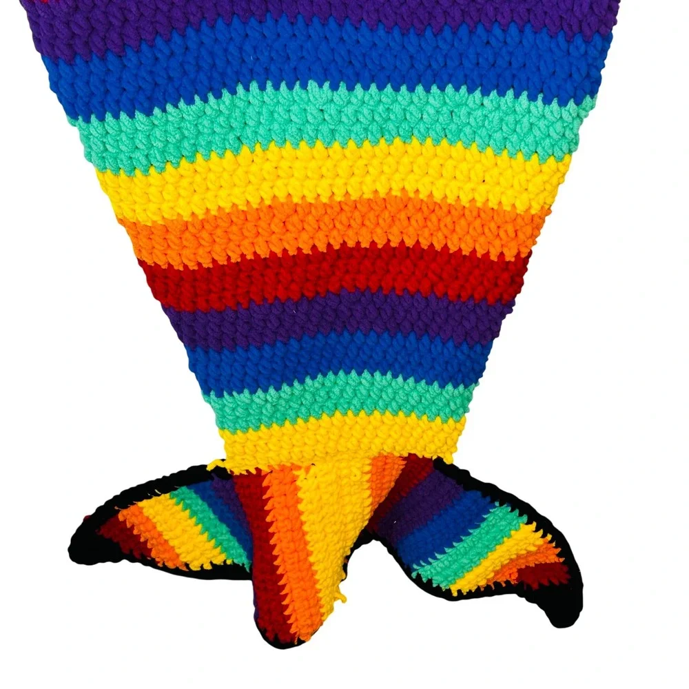 Handmade Hand Knit Rainbow Smiling Shark or Whale Tail Blanket Cocoon 70x20‎